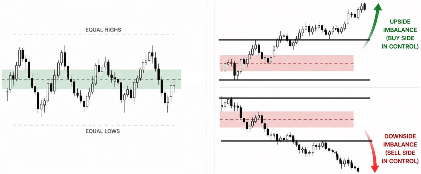 Diagram of the auction process showing price rotating around a value area, with imbalance moves leaving it in both directions.