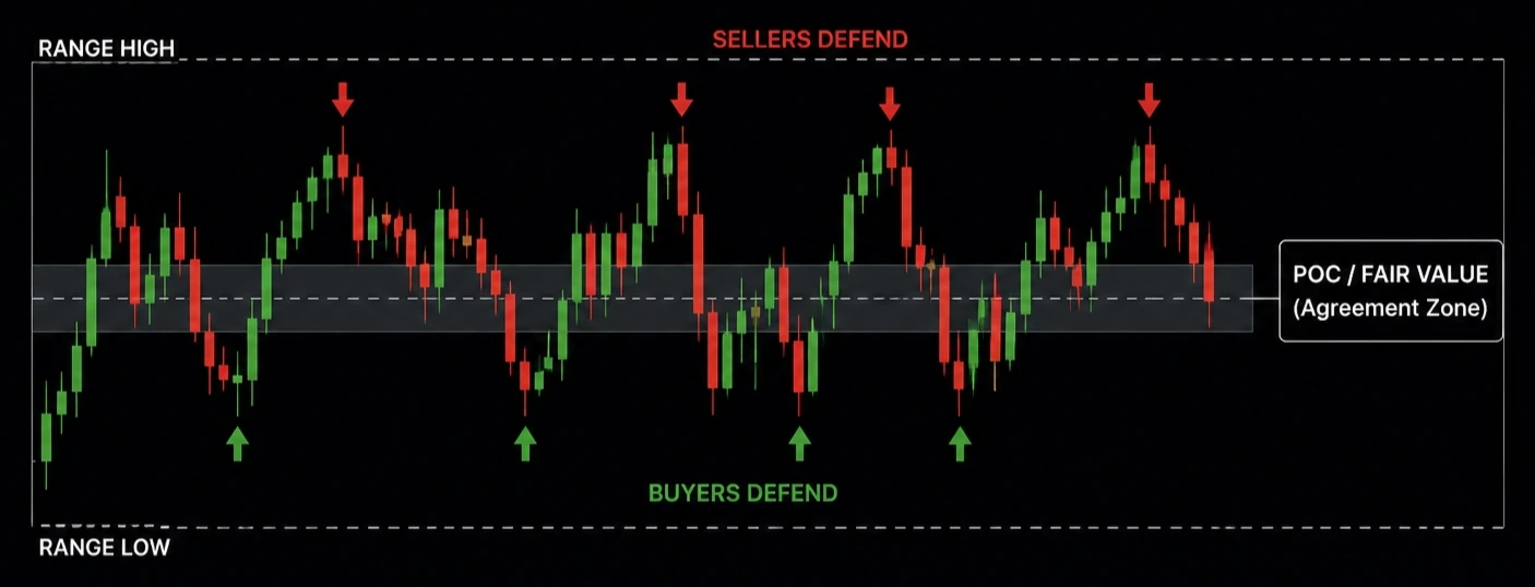 Volume profile showing the point of control and the value area, with balance forming around fair value.