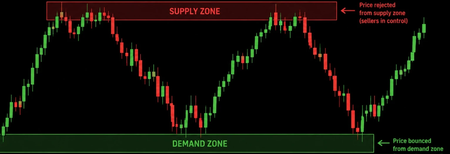 Chart marked with a supply zone above price and a demand zone below, each at the origin of a sharp move.