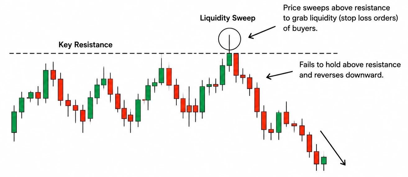 Price spiking through a marked liquidity pool and reversing sharply back through the level.