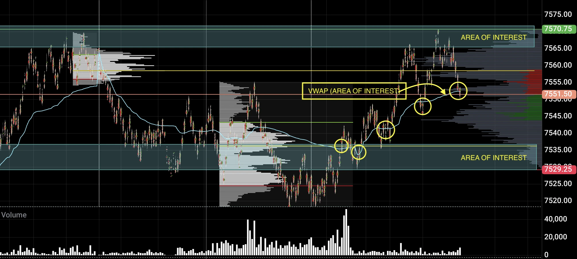 Intraday chart with liquidity pools, value levels, VWAP and an unmitigated gap all marked as locations.