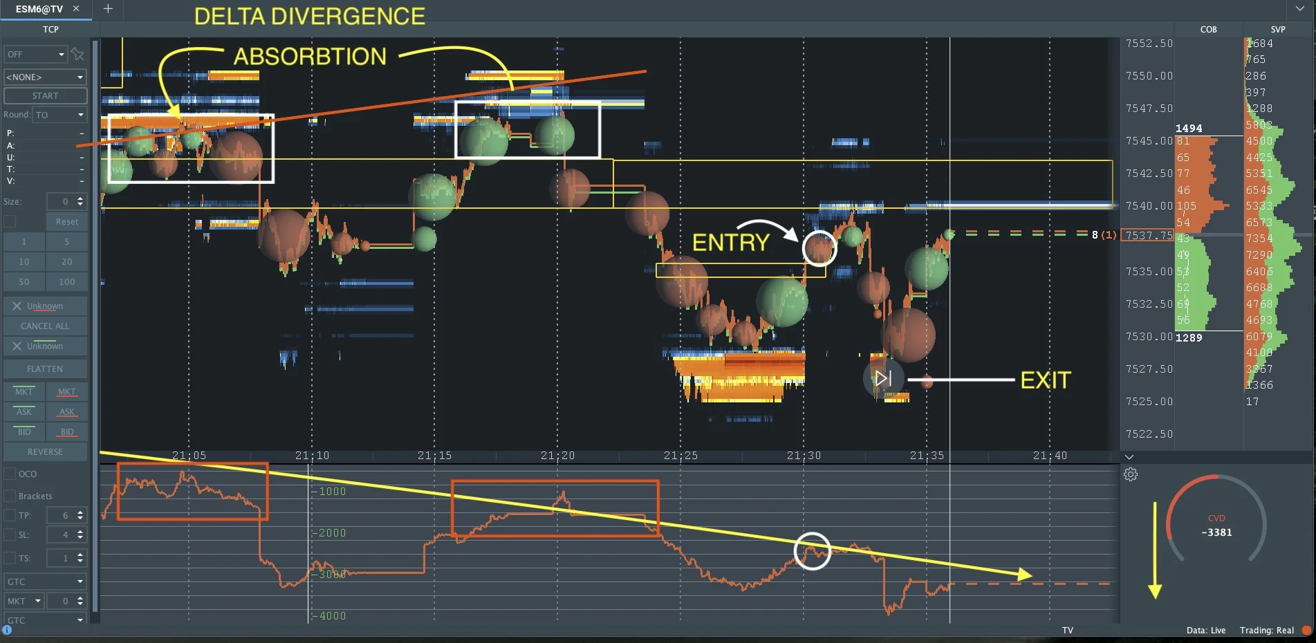 Order flow tools showing cumulative delta, absorption at a level and compression after arrival.